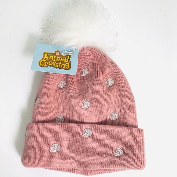Animal Crossing New Horizons Knit Pom Beanie Pink White Leaf - Picture 1 of 4